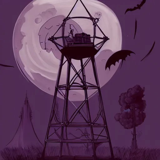 Prompt: abigail larson, don bluth, artgerm, joshua middleton, purple color pallete, welcome to night vale, radio tower with black hole above it, helicopter, spooky strange weird quirky, cartoon, 2 d, chiral lighting