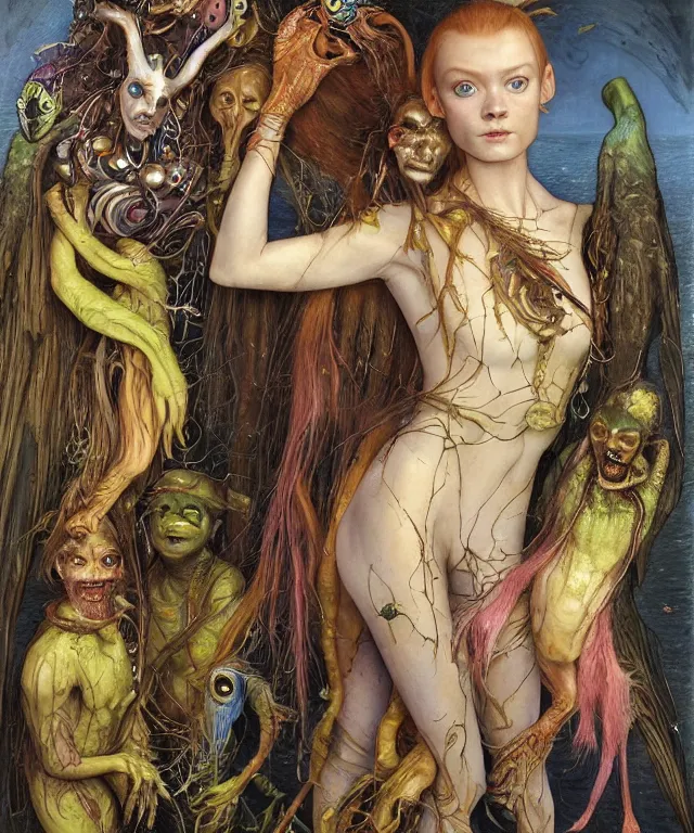 Prompt: a portrait photograph of a harpy olympic swimmer with slimy skin being transformed into a beautiful alien. she looks like sadie sink and is wearing a colorful infected sleek organic catsuit. by donato giancola, hans holbein, walton ford, gaston bussiere, peter mohrbacher and brian froud. 8 k, cgsociety, fashion editorial