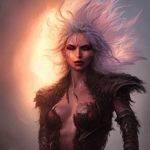 Image similar to kerli koiv as a genasi fire, darkwave, darksynth, concept headshot art, sharp, digital matte painting, art by luis royo, greg rutkowski, wlop, dramatic lighting, trending on artstation