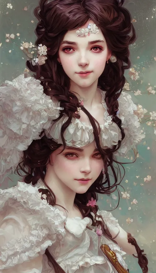 Image similar to portrait of magical lolita girl, dreamy and ethereal, ornate frilly dress, fantasy, intricate, elegant, highly detailed, digital painting, artstation, concept art, smooth, sharp focus, illustration, art by artgerm and greg rutkowski and alphonse mucha