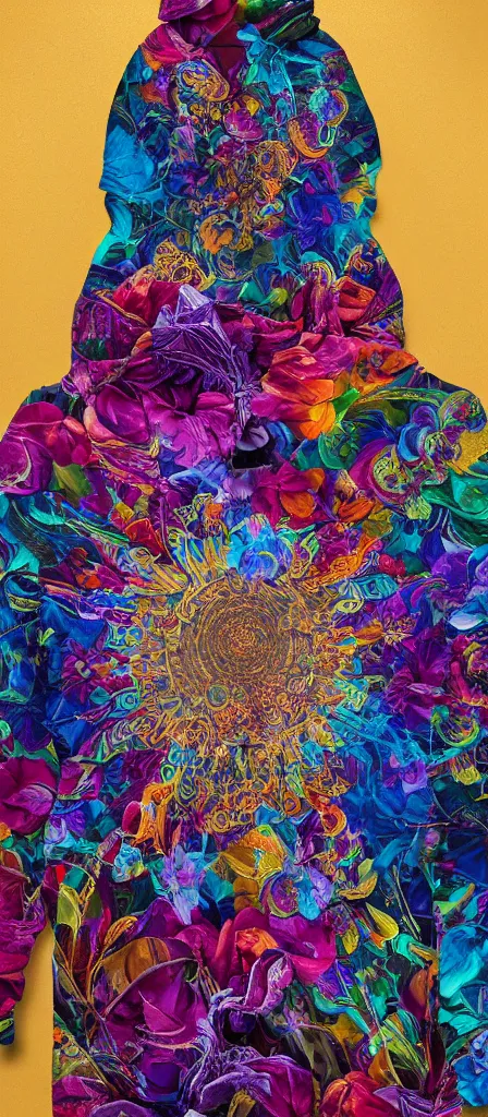 Image similar to stunning interpretation of hoodie made with petals, advertsiement, highly detailed and intricate, golden ratio, very colorful, hypermaximalist, ornate, luxury, elite, good vibes, oil painting, cinematic