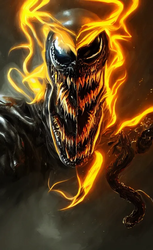 Image similar to venom as ghost rider, dynamic lighting, photorealistic fantasy concept art, trending on art station, stunning visuals, terrifying, creative, cinematic