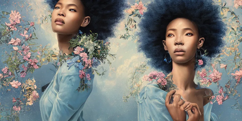 Image similar to breathtaking detailed concept art painting blend of two afroamerican goddess of light blue flowers by hsiao - ron cheng with anxious piercing eyes, vintage illustration pattern with bizarre compositions blend of flowers and fruits and birds by beto val and john james audubon, exquisite detail, extremely moody lighting, 8 k