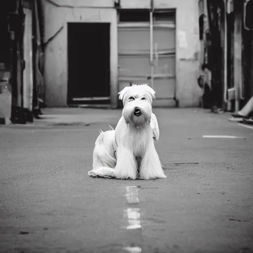 Prompt: photo of a white schnauzer dog with open wings on his back sitting on the street of an abandoned dystopic city, hyprrealism, 5 5 mm photo