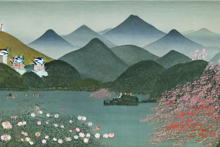 Image similar to an ultradetailed landscape painting of westlake in china hangzhou, pagodas on hills, may flowers blossoms nearby, fine wind, chinese water color, smooth, sharp focus, illustration, by hilma af klint, 8 k