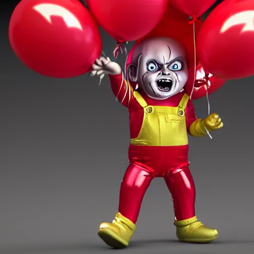 Prompt: screaming chucky doll in shape of balloons octane render