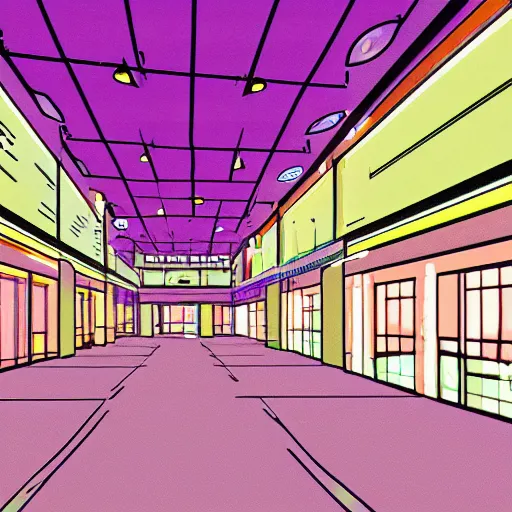 Image similar to illustration in pastel colors of the main atrium of a 1 9 9 0 s mall with abstract neons