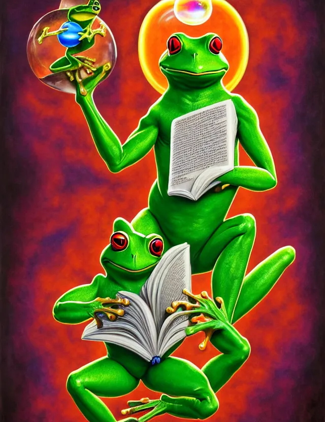 Image similar to anthropomorphic bipedal frog that is dressed in robes, and holding a giant book in his hand, as a matte oil painting and d & d character art, by alex grey, standing, fullbody, floating bubbles, psychedelic, award - winning, extremely detailed, sharp focus