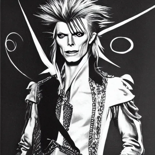 Image similar to david bowie as jareth the goblin king, character art