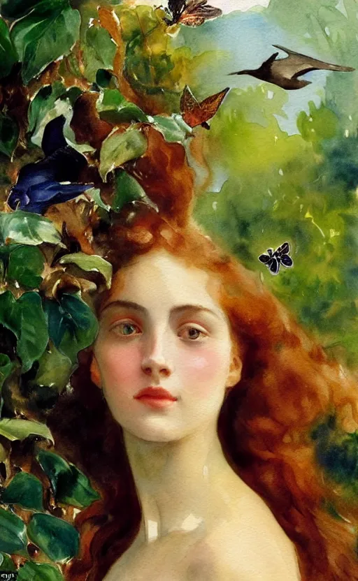 Image similar to the face of a young woman with marble complexion, angelic features, dancing curls around her face, her head raised in rapture, symmetrical eyes, watercolor by john singer sargent, background lush vegetation, insects and birds, 8 k uhd