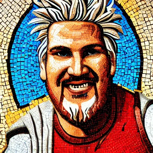 Image similar to ancient greek mosaic of guy fieri, 4 k photograph