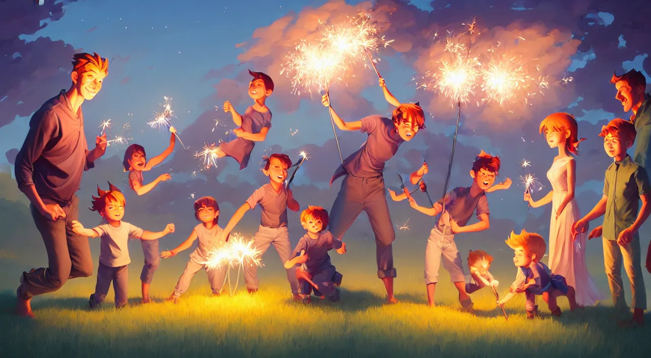 Image similar to family out in their back yard having a birthday party carrying sparklers, in marble incrusted of legends official fanart behance hd by Jesper Ejsing, by RHADS, Makoto Shinkai and Lois van baarle, ilya kuvshinov, rossdraws global illumination