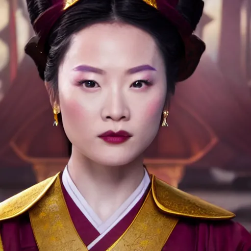 Image similar to live action cinematic shot of elizabeth yu is princess azula, 4 k, 3 5 mm