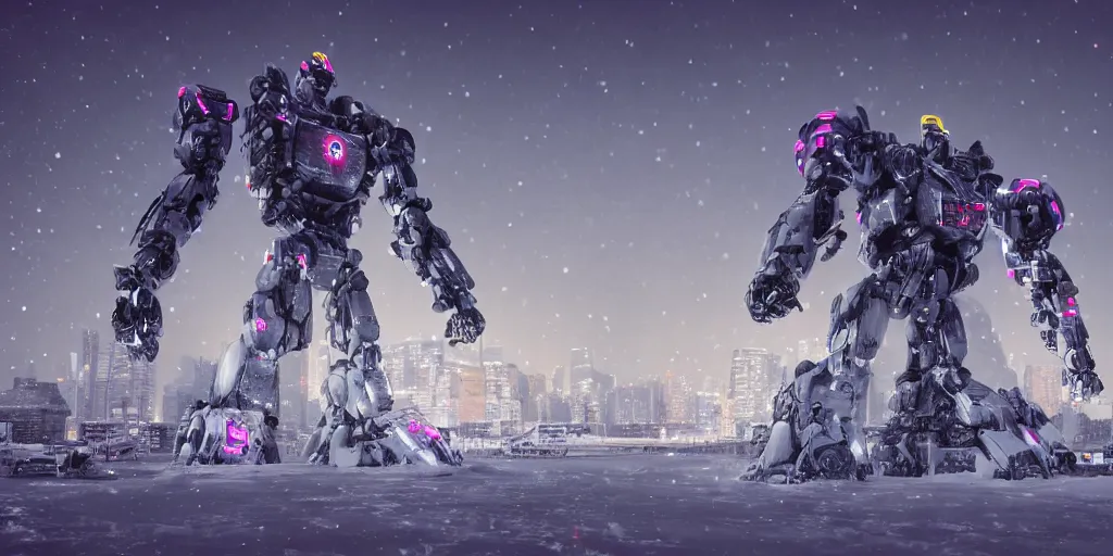 Image similar to a giant robot, megastructure, in a snowy land, render, 4 k, neon light