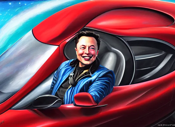 Image similar to highly detailed painting of a grinning Elon Musk as a pirate captain, proudly posing behind the wheel of his Tesla Roadster, artstation, cinematic lighting, hyperdetailed, cgsociety, 8k, high resolution, insanely detailed and intricate, concept art, smooth, sharp focus, illustration, art by John Philip Falter, Art Nouveau, masterpiece