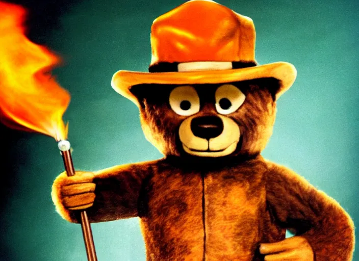 Image similar to publicity photo still of smokey the bear on tour with ozzy osborne live on stage, 8 k, live concert lighting, mid shot