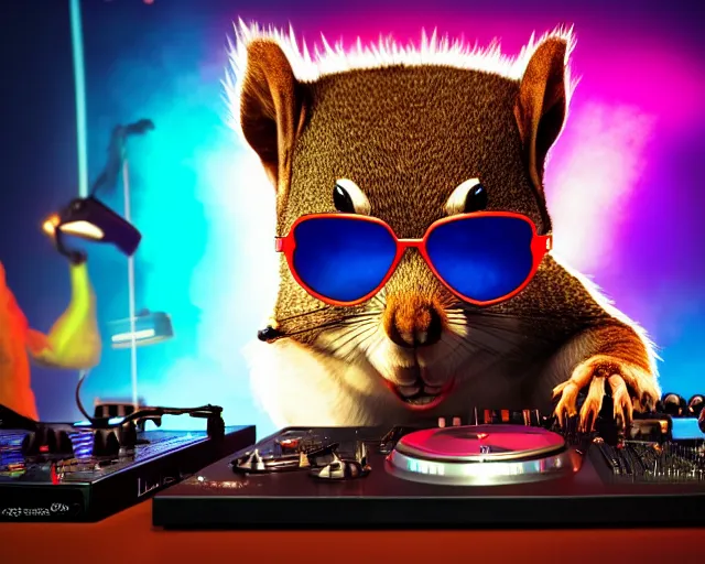 Prompt: low angle photo of an anthropomorphic squirrel dj wearing colored sunglasses, stadning at a dj table playing techno music at a dance club, wearing beats by dr. dre headphones, intricate, smoke, colored spotlights, fantasy character art, concept art, oil painting, illustration, by jason felix, by greg rutkowski, charlie bowater, artgerm,