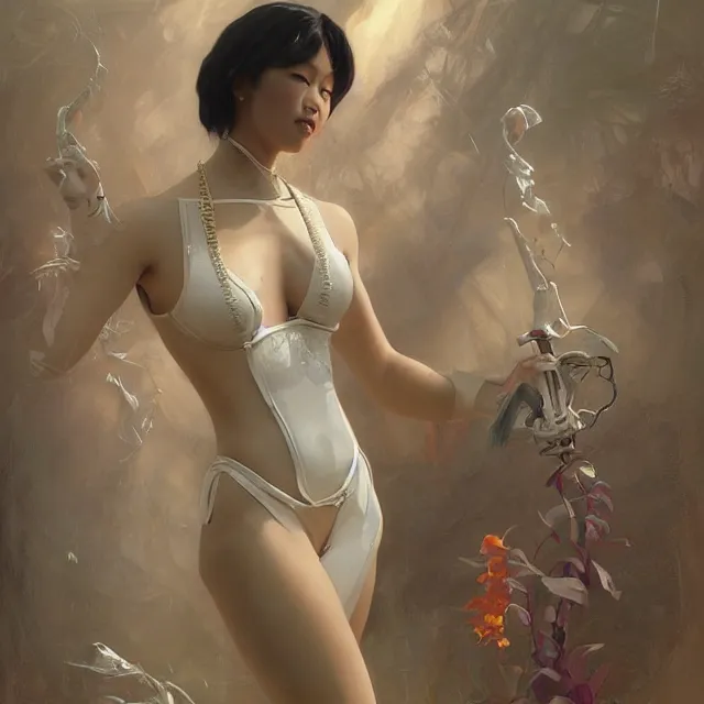 Image similar to asian domme mistress, full body, dominatrix, tribal, smooth white tight clothes suit, ornate, very beautiful, concept art, realistic painting, androgynous, afrofuturism, daz 3 d, cinematic, cgsociety, digital art by greg rutkowski, by alphonse mucha