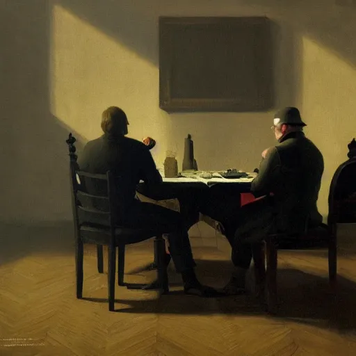 Image similar to covert shadow figures of men in a dark room with a chequered floor conversing around a table in secrecy, moody and atmospheric, dramatic scene, dimly lit room, cgsociety, 8k resolution, trending on artstation, octane render by Quint Buchholz, Pieter Claesz and edward hopper