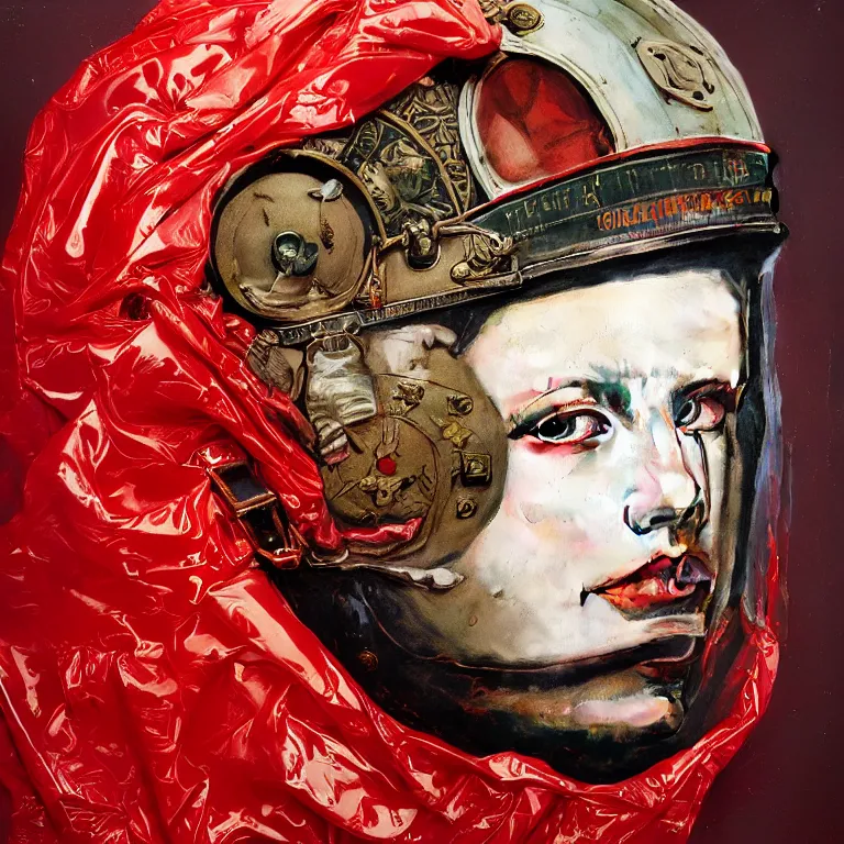 Image similar to portrait of a third reich soldier in ornate motorcycle dirt helmet in a helmet background red plastic bag, circuitboard,, rich deep colors, ultra detail, by francis bacon, james ginn, petra courtright, jenny saville, gerhard richter, zdzisaw beksinsk, takato yamamoto. masterpiece, elegant fashion studio ighting 3 5 mm