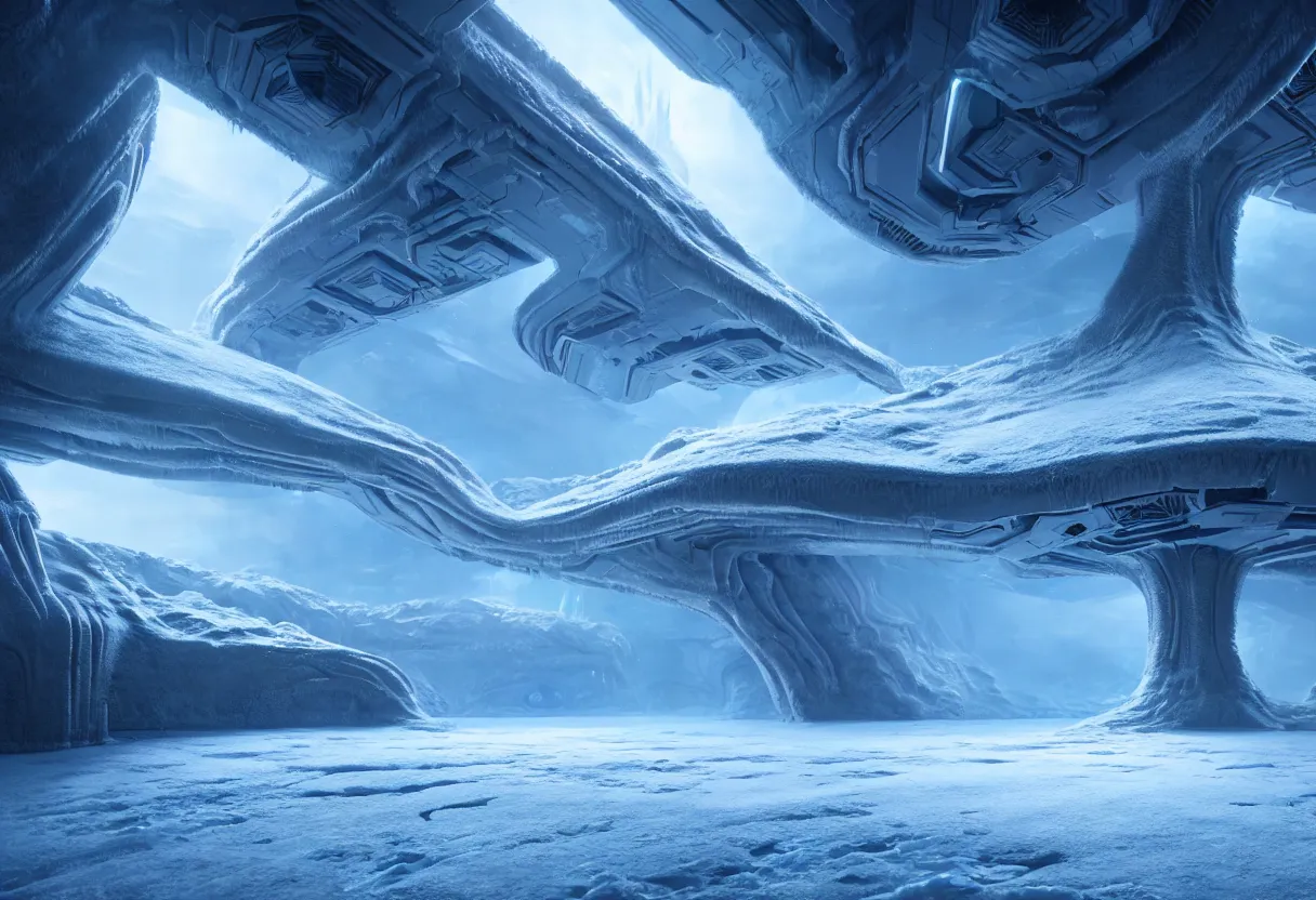 Image similar to inside of alien frozen landscape of human mind and imagination, matte painting, beautiful render, octane render, concept art