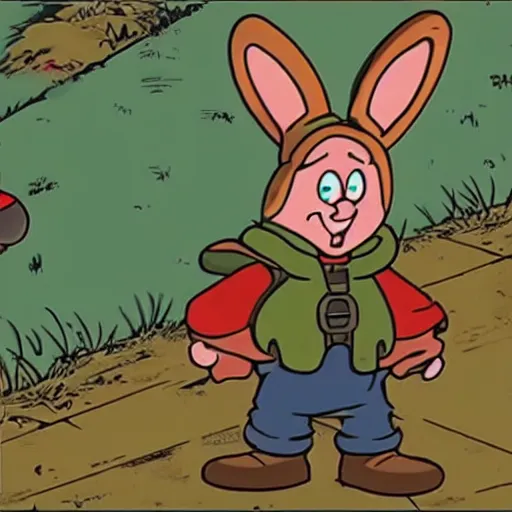 Image similar to Elmer Fudd from Loony Tunes in Doom, wearing green armor and helmet, killing demons, Bugs Bunny, rip and tear, video game