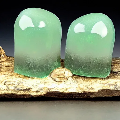 Prompt: translucent mushrooms, ice, translucent, with celadon glaze, inset with onyx, stone, moss