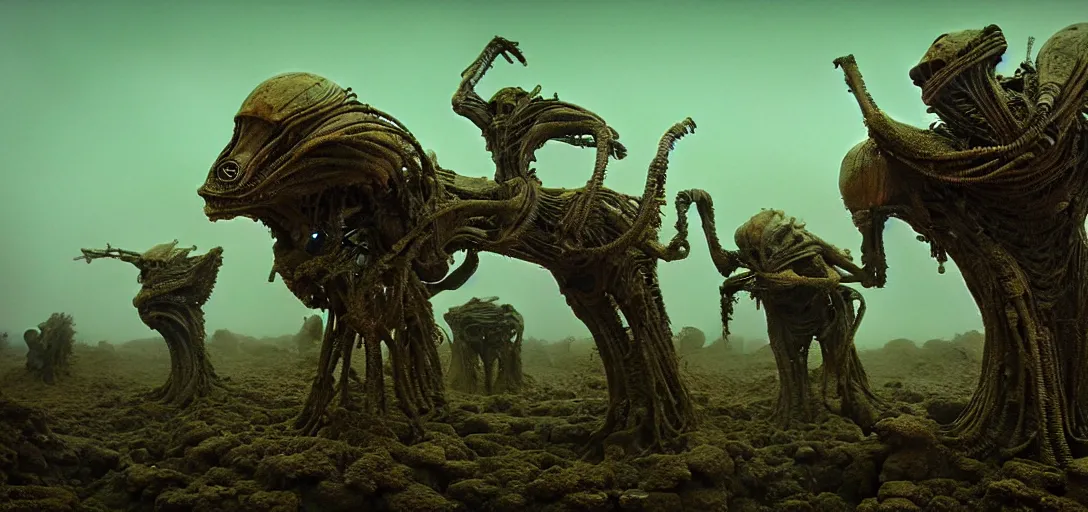 Image similar to alien landscape with eerie statues, painted by beksinski, 4 k, intricate details, unreal engine, dynamic lighting