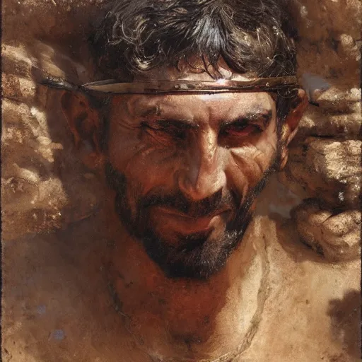 Image similar to a scrappy bronze age thief man, ancient mesopotamia, hiding, opportunistic expression, sword and sandal character portrait by gaston bussiere, craig mullins, greg rutkowski