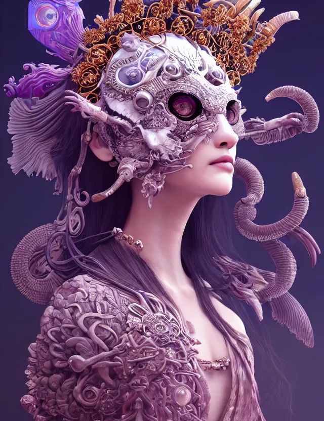 Prompt: 3 d goddess close - up profile portrait with crown, ram skull. beautiful intricately detailed cyberpunk japanese crow kitsune mask and clasical japanese kimono. betta fish, jellyfish phoenix, bio - luminescent, plasma, ice, water, wind, creature, artwork by tooth wu and wlop and beeple and greg rutkowski