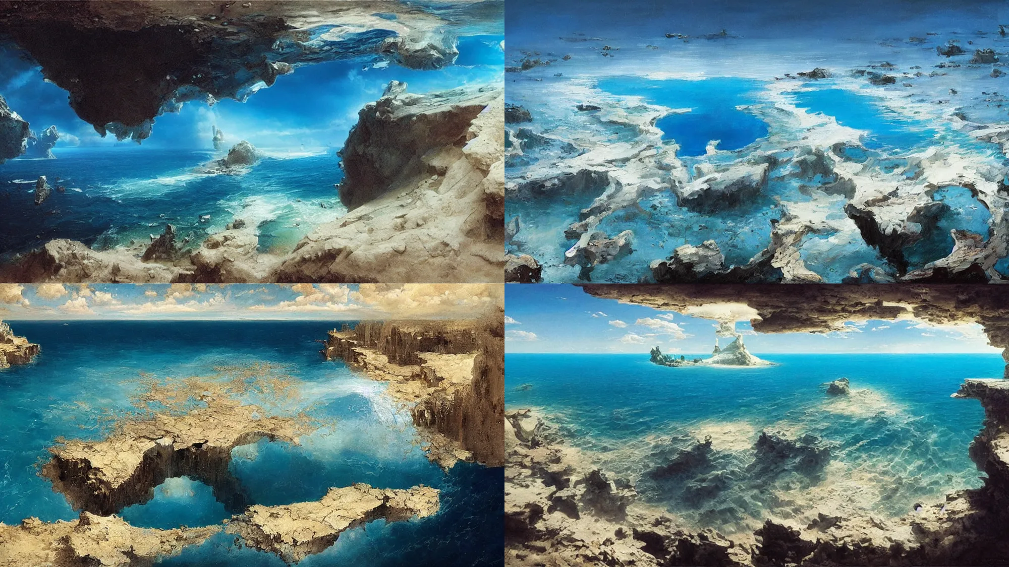 Prompt: clear blue ocean waters splitting apart to reveal ocean floor, footage captured within a dream, 4 k, award - winning, painting by salvador dali, by greg rutkowski