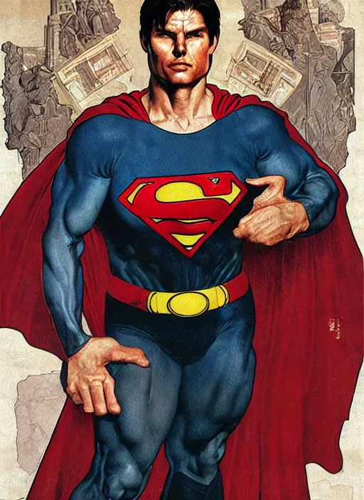Prompt: renaissance grotesque portrait painting of old angry tom cruise as superman 2 0 7 7, sentry, superior, character redesign by lee bermejo and greg rutkowski and alphonse mucha