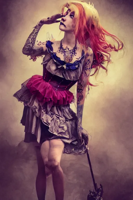 Image similar to Beautiful female, full body, Alice in wonderland, punk rock, piercings, tattoos, skirt, midriff, dramatic lighting, cinematic, establishing shot, extremely high detail, foto realistic, cinematic lighting, post processed, concept art, high details, cinematic, 8k resolution, beautiful detailed, photorealistic, digital painting, artstation, concept art, smooth, sharp focus, artstation trending, octane render, unreal engine