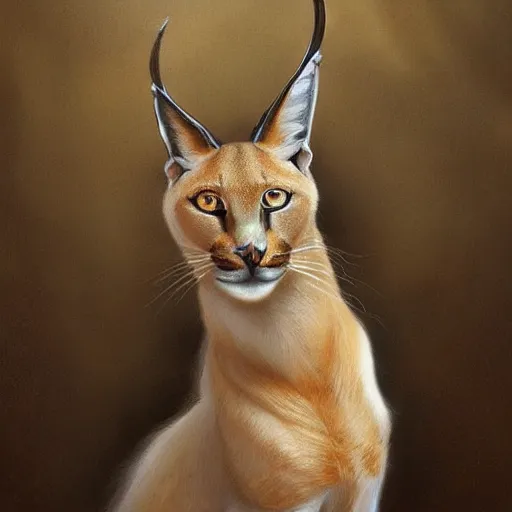 Image similar to portrait of caracal cat dressed in aristocratic clothing. elegant, highly detailed, digital painting, artstation, concept art, smooth, sharp focus, illustration, art by artgerm and greg rutkowski and alphonse mucha