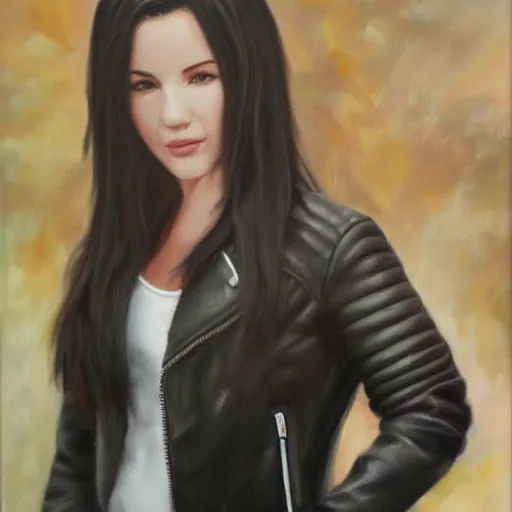 Prompt: perfect, realistic oil painting of close-up Tifa wearing leather jacket