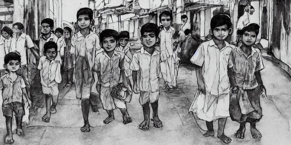 Prompt: sri lankan kids in colombo sri lanka city, drawn by hayao miyazaki