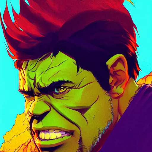 Image similar to ⁠portrait of The Incredible Hulk, New Mexican desert background, rich vivid colors, ambient lighting, dynamic lighting, 4k, HQ, official media, anime key visual, makoto shinkai, ilya kuvshinov, lois van baarle, rossdraws, detailed, trending on artstation