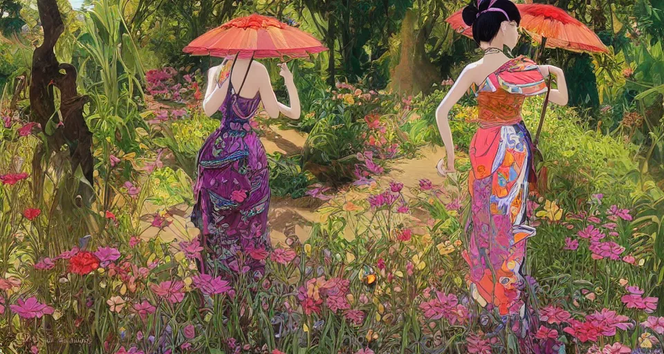 Image similar to oil painting, long shot, beautiful floralpunk thai girl illustration walking in a park, detailed patterns art of thai traditional dress, flower pop art, floral splash painting, art by makoto shinkai, ghibbli, alphonse mucha, dark shadow