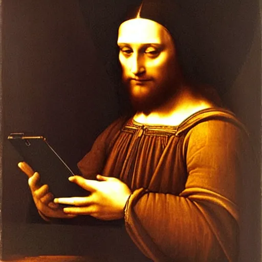 Prompt: Leonardo da Vinci scrolling on his smartphone