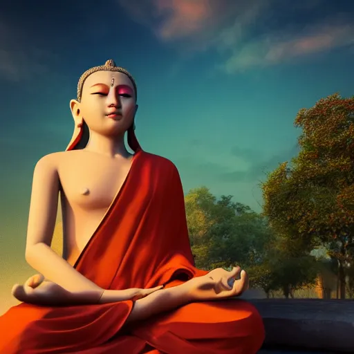 Image similar to a beautiful lady monk is meditating and hoping for a better future. close - up, beautiful sky, volumetric lighting, sharp focus, ultra detailed, cgsociety - w 1 0 2 4 - n 8 - i