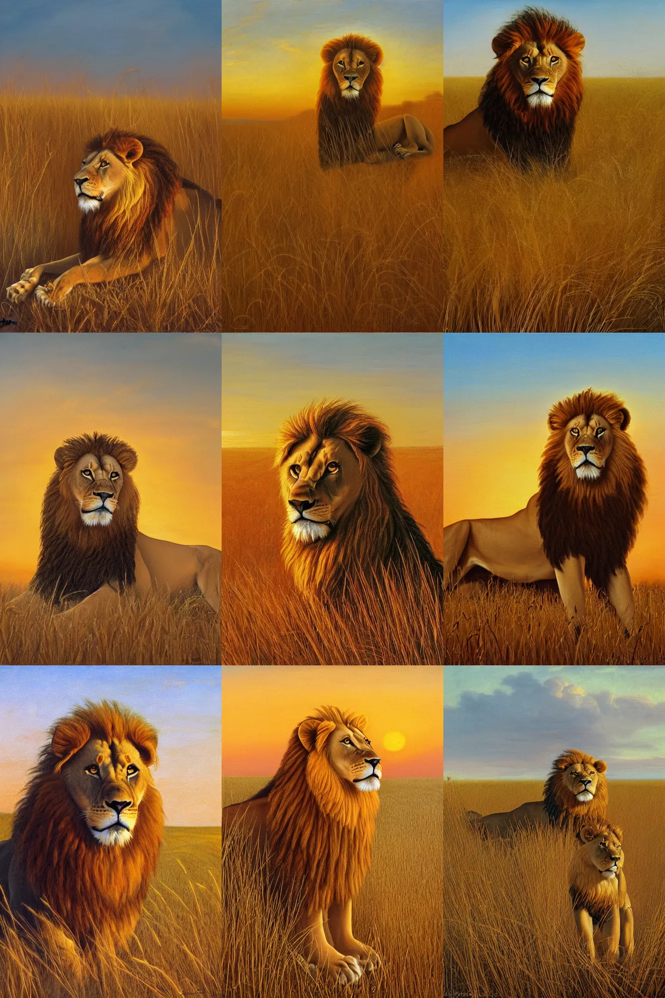 Prompt: oil painting of a beautiful male lion lying on the wheat field at sunset, renaissance lighting