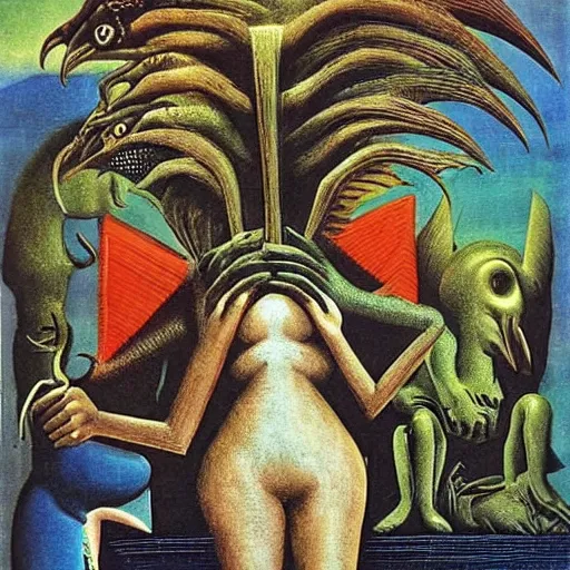 Prompt: strange mythical beasts of whimsy, dark uncanny surreal colllage by max ernst