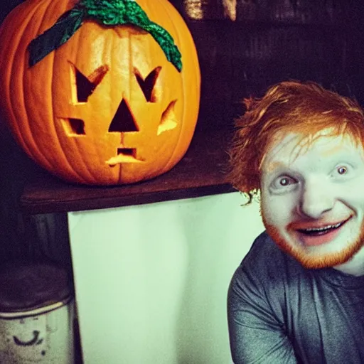 Image similar to Ed Sheeran crying trapped inside a pumpkin