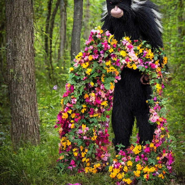 Image similar to a skunk ape Bigfoot wearing a cloak made of flowers, by Omar Z. Robles, CANON Eos C300, ƒ1.8, 35mm, 8K, medium-format print