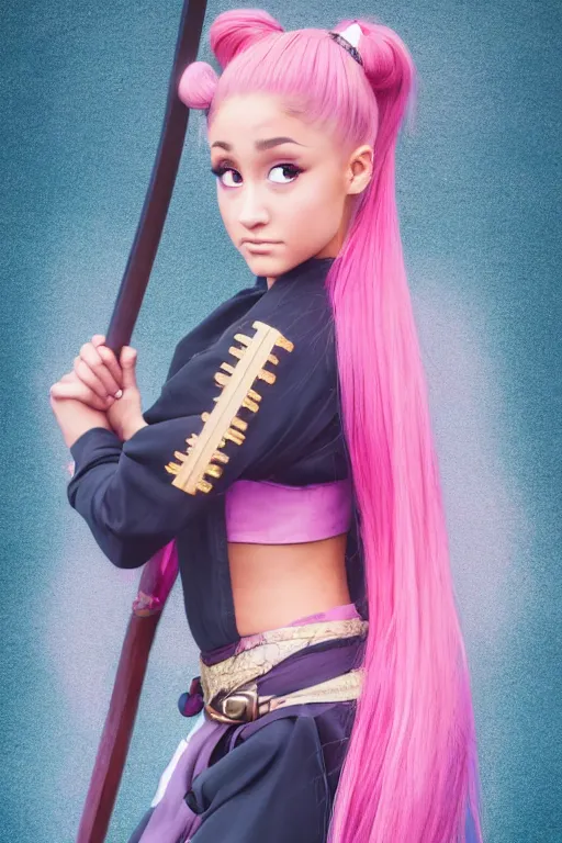 Image similar to highly detailed beautiful photo of a ariana grande as a young female samurai, practising sword stances, symmetrical face, beautiful eyes, pink hair, realistic anime art style, 8 k, award winning photo, pastels colours, action photography, 1 / 1 2 5 shutter speed, sunrise lighting