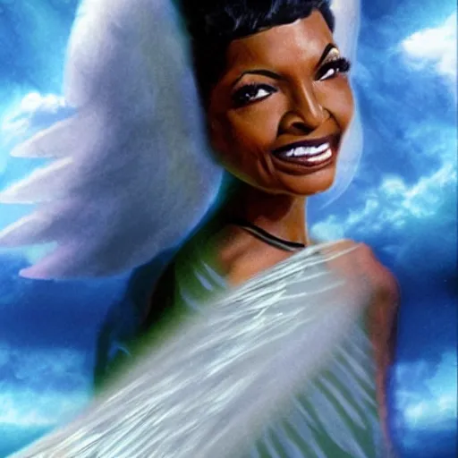 Image similar to nichelle nichols as a heavenly angel in cloud heaven meeting with god photorealistic fantasy epic