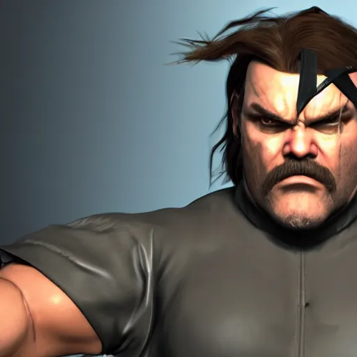 Image similar to Jack Black as a Metal Gear Solid Villain 2005 JRPG cinema 4d render, Ray tracing reflection, natural lighting, Unreal Engine award winning photography