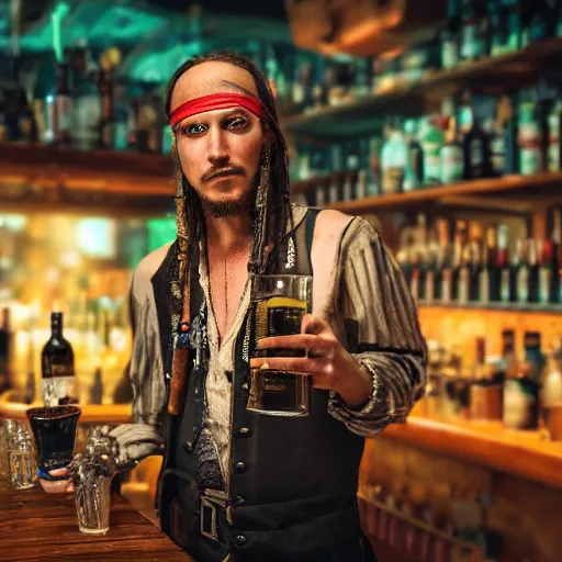 Prompt: high quality portrait of a pirate bartender in a cyberpunk cyberpunk cyberpunk cafe, realism, 8k, award winning photo