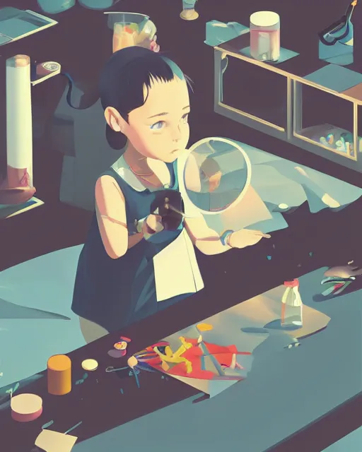 Image similar to a little girl is doing a science experiment. clean cel shaded vector art. minimalist illustration art by lois van baarle, artgerm, helen huang by makoto shinkai and ilya kuvshinov, rossdraws