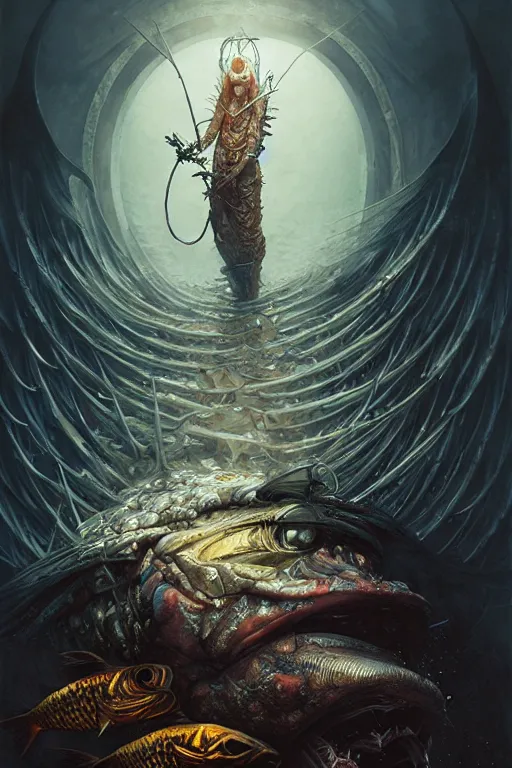 Image similar to fish wizard by anna podedworna, ayami kojima, greg rutkowski, giger, maxim verehin